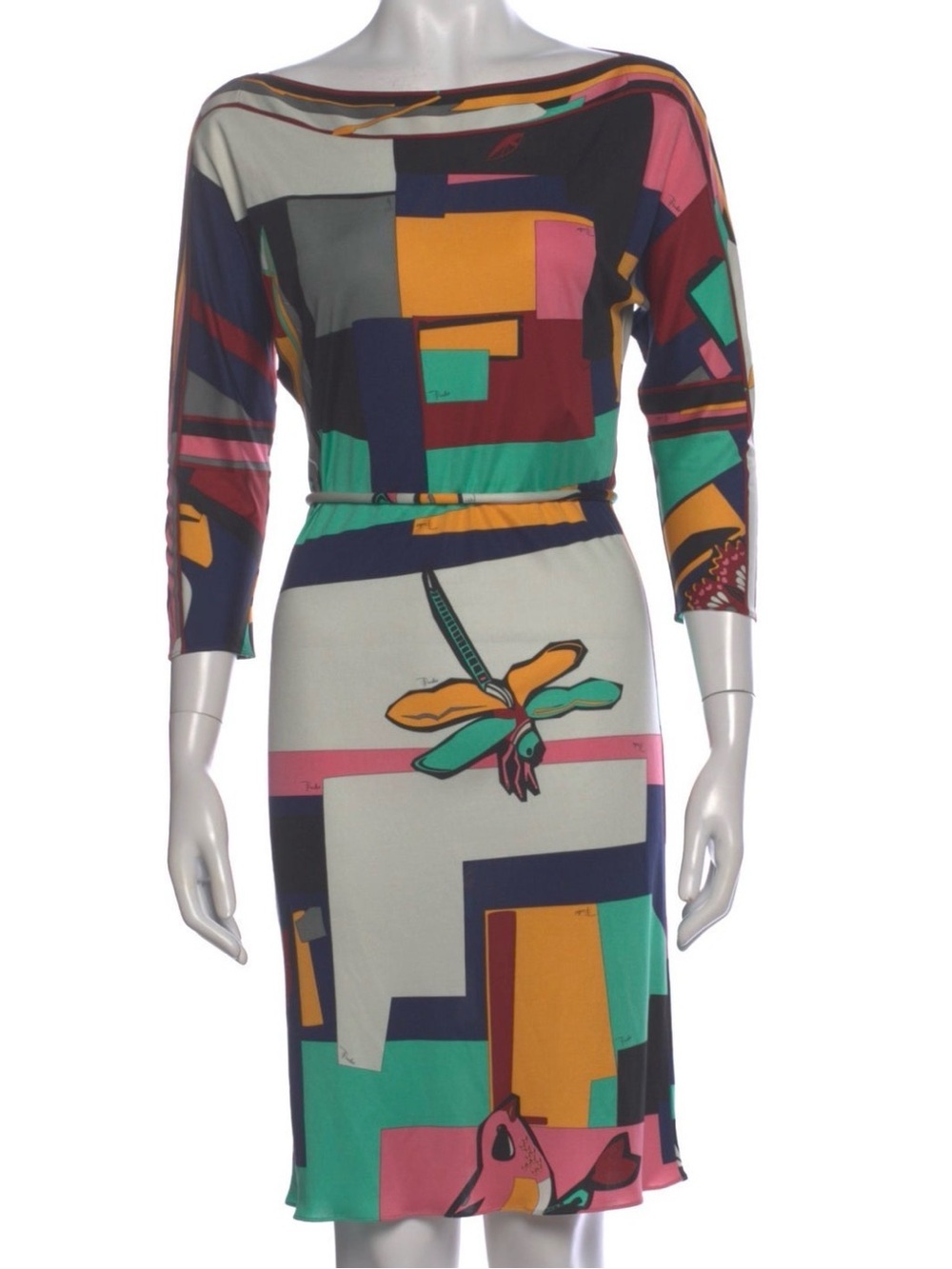 Emilio Pucci Midi Dress Multicolor Geometric in Teal, Pink, Mustard & Navy